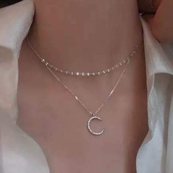 Jewelry - DOUBLE LAYERED 925 STERLING SILVER MOON NECKLACE, NICE NECKLACE, CUTE NECKLACE